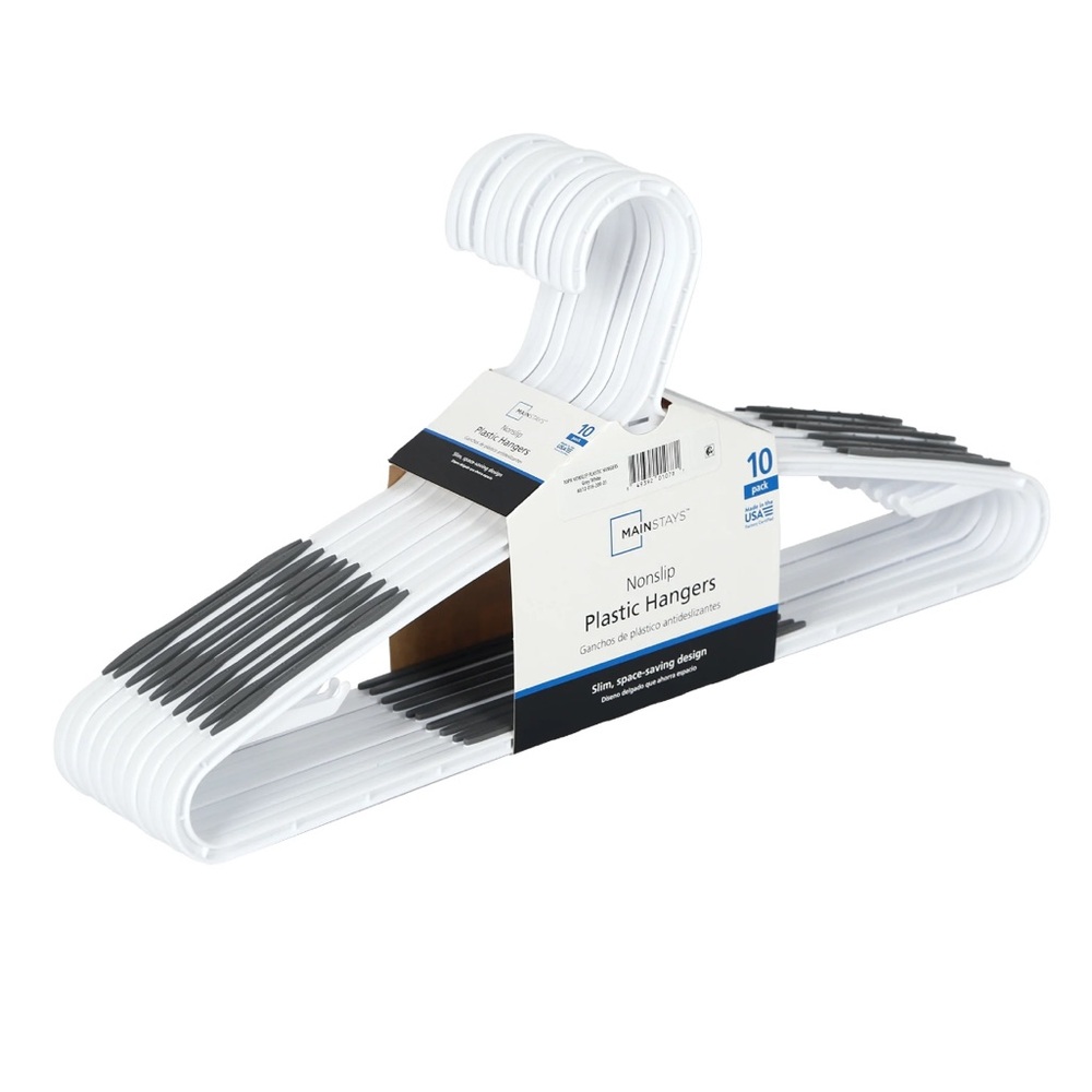 Mainstays 10 Pk Non-Slip Durable Plastic w/ TPE Strips Clothes Hangers NWT